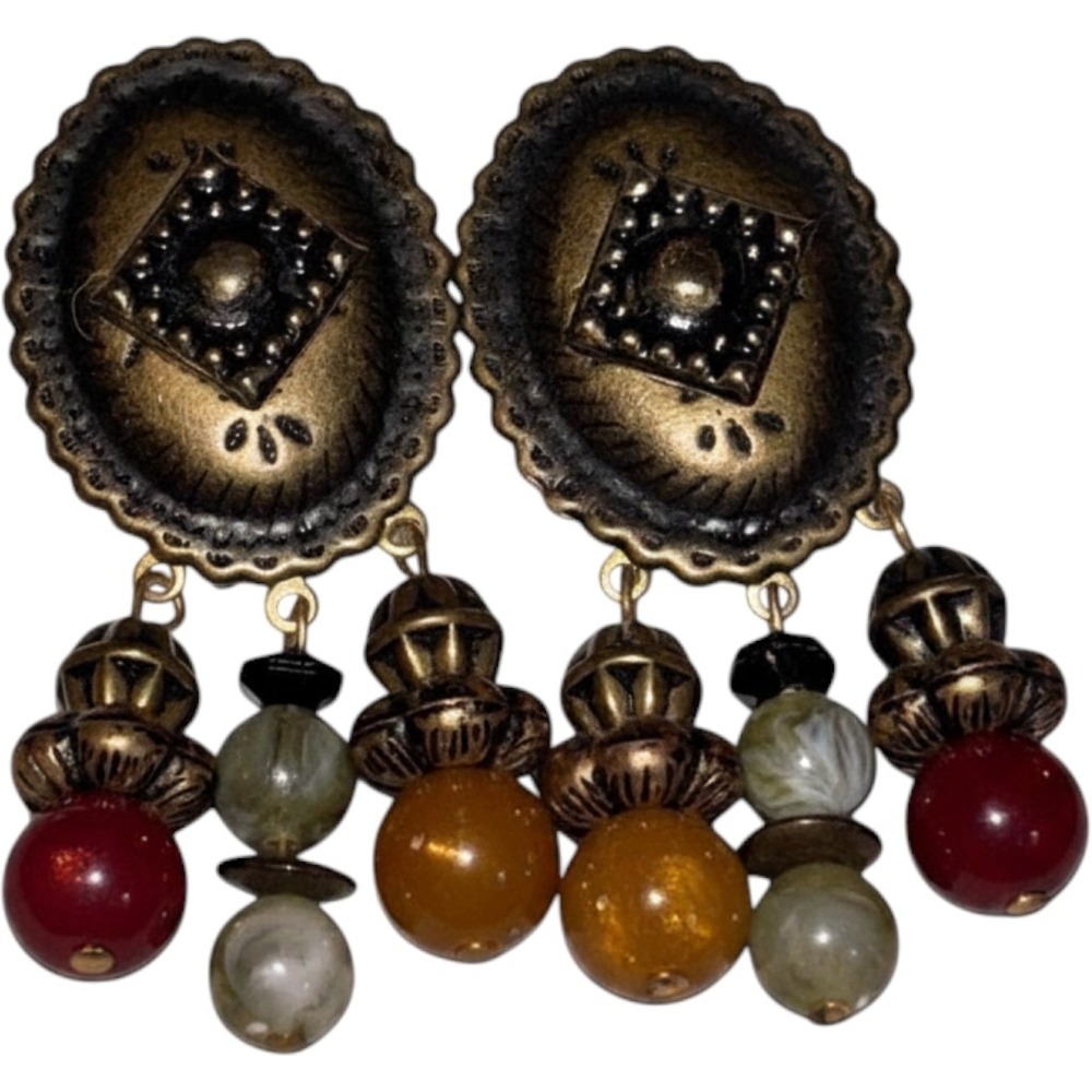 Vintage Bronze Tone Waterfall Dangle Earring Statement Beaded Retr Lg Statement